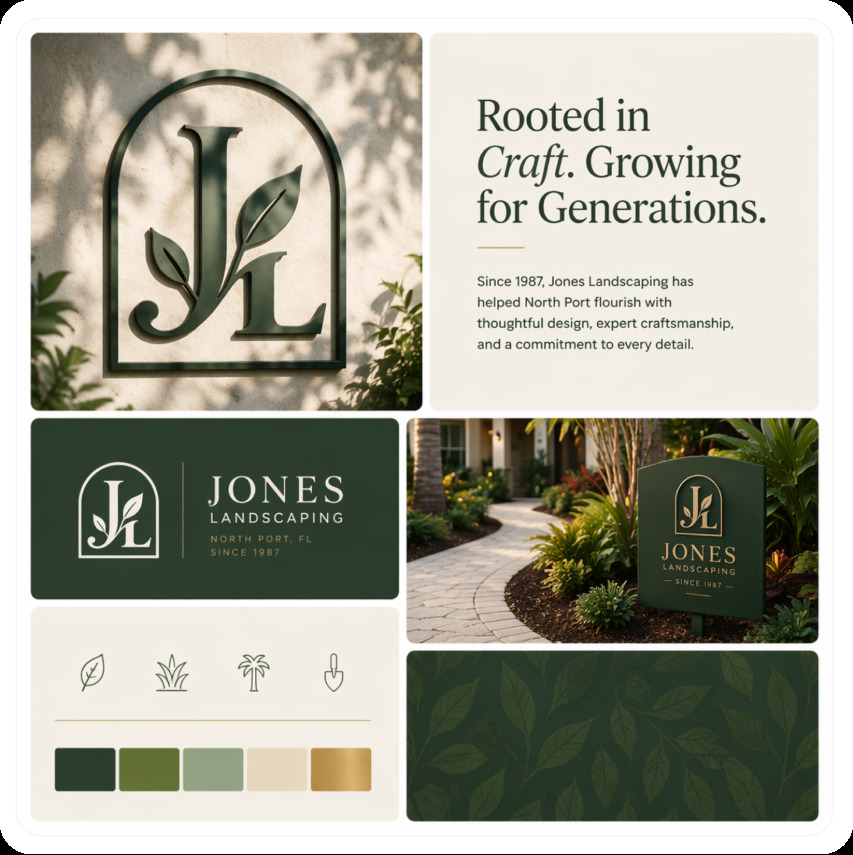 Jones Landscaping brand board — emerald green logo, palette, and signage mockups
