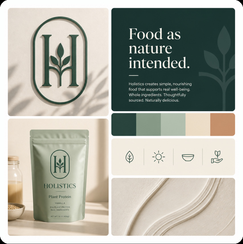 Holistics brand board — sage green wellness logo and product packaging