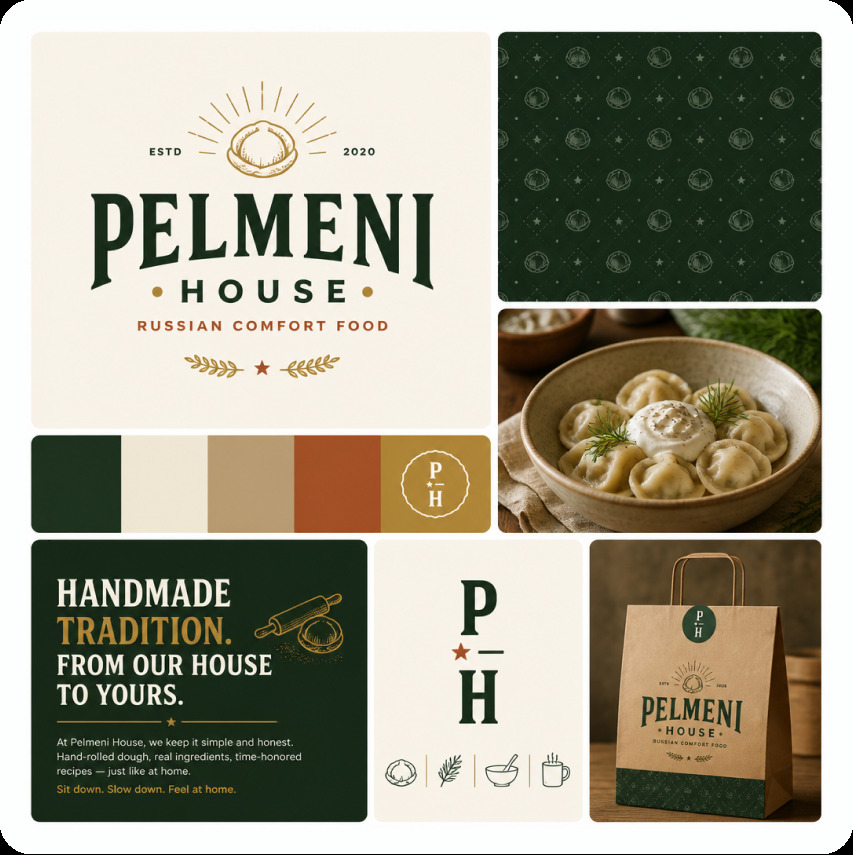 Pelmeni House brand board — vintage restaurant logo, palette, and packaging