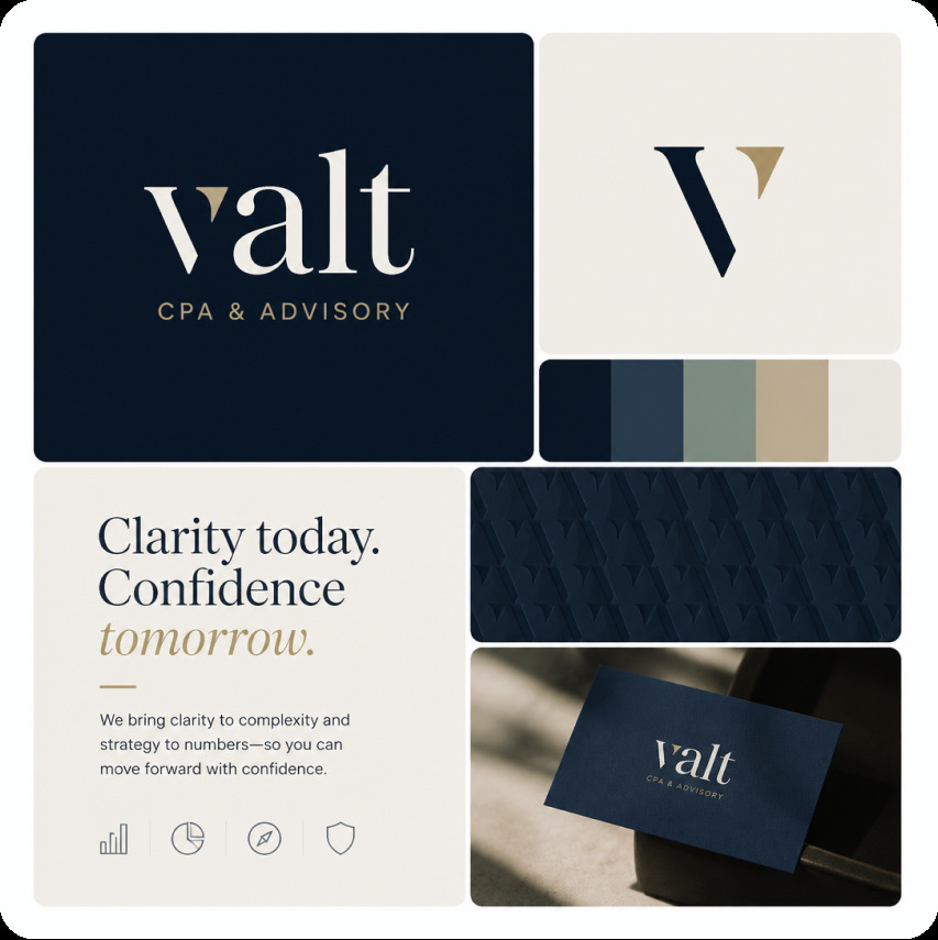 Valt CPA & Advisory brand board — navy and gold logo and business card