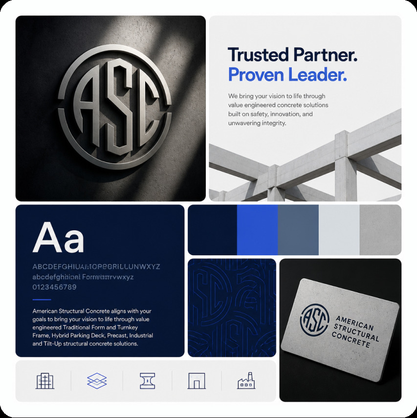 American Structural Concrete brand board — metallic logo, type, and business card