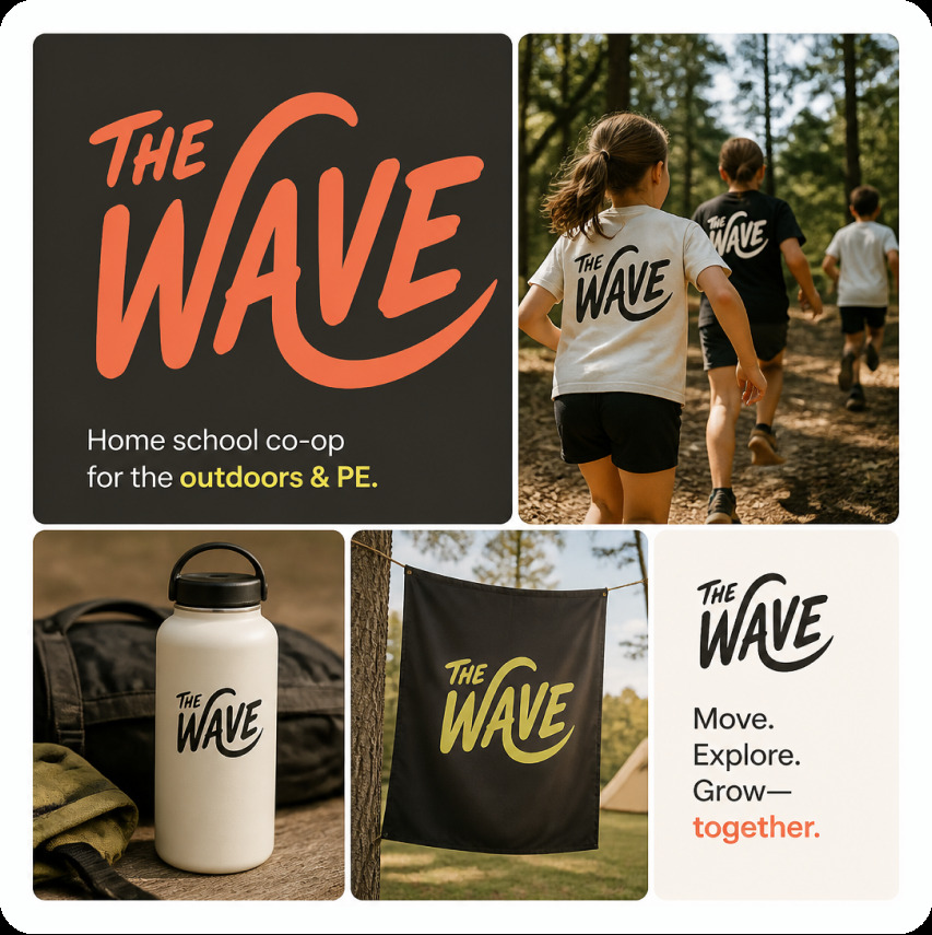 The Wave brand board — playful outdoor co-op logo across apparel and signage
