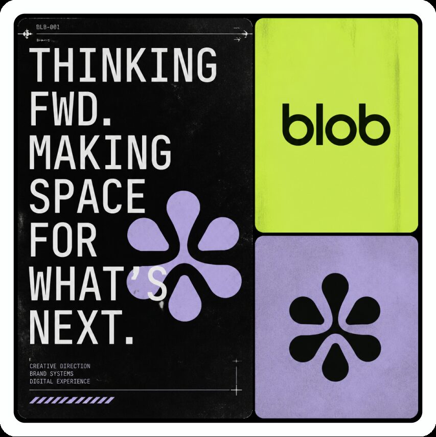 Blob brand board — bold creative studio logo with lime and lavender accents