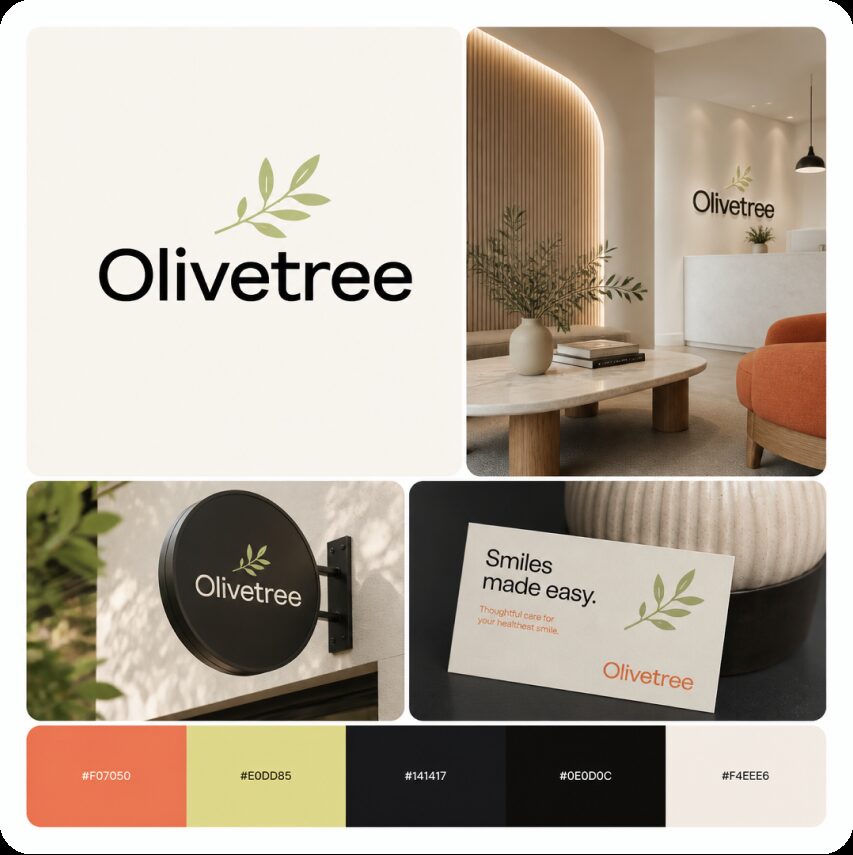Olivetree brand board — dental clinic logo with olive leaves, signage, and business card