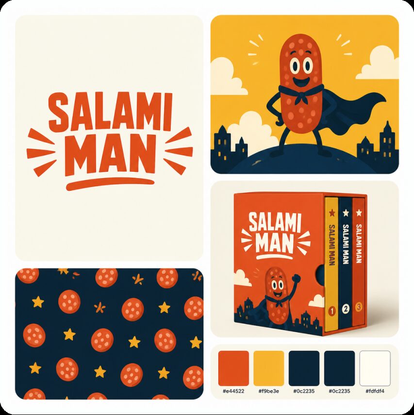 Salami Man brand board — playful mascot logo, packaging, and pattern