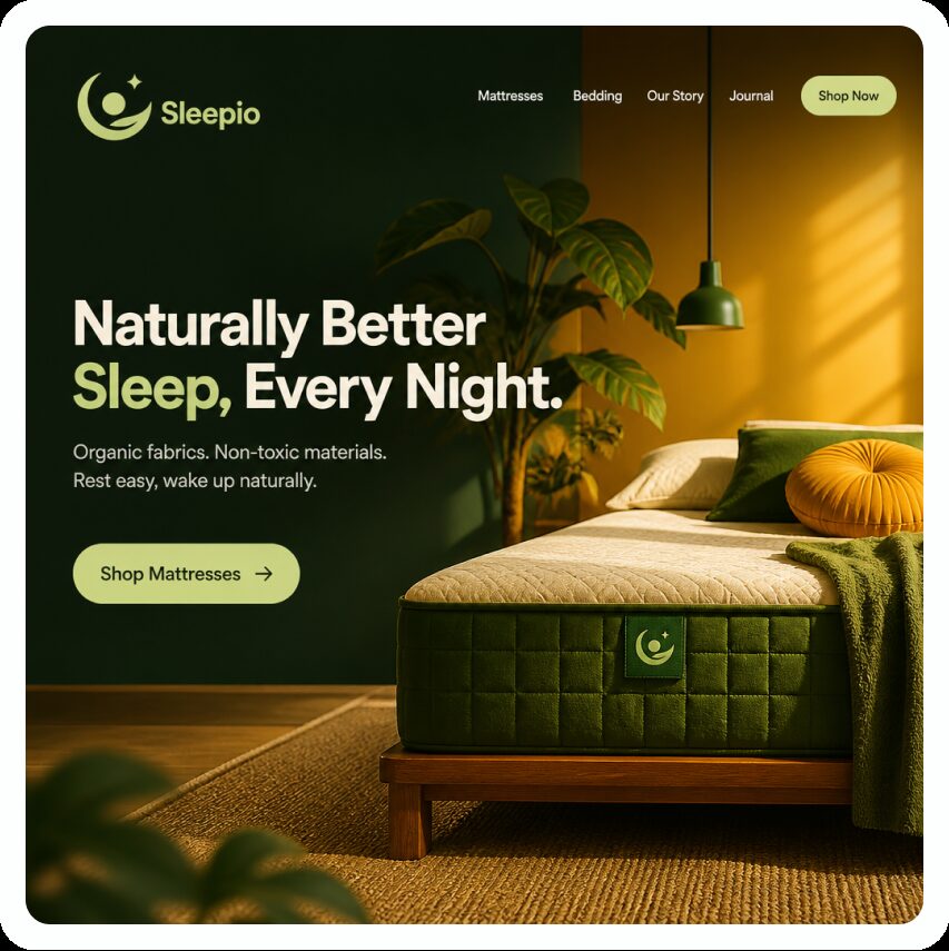 Sleepio brand board — natural mattress logo and landing page