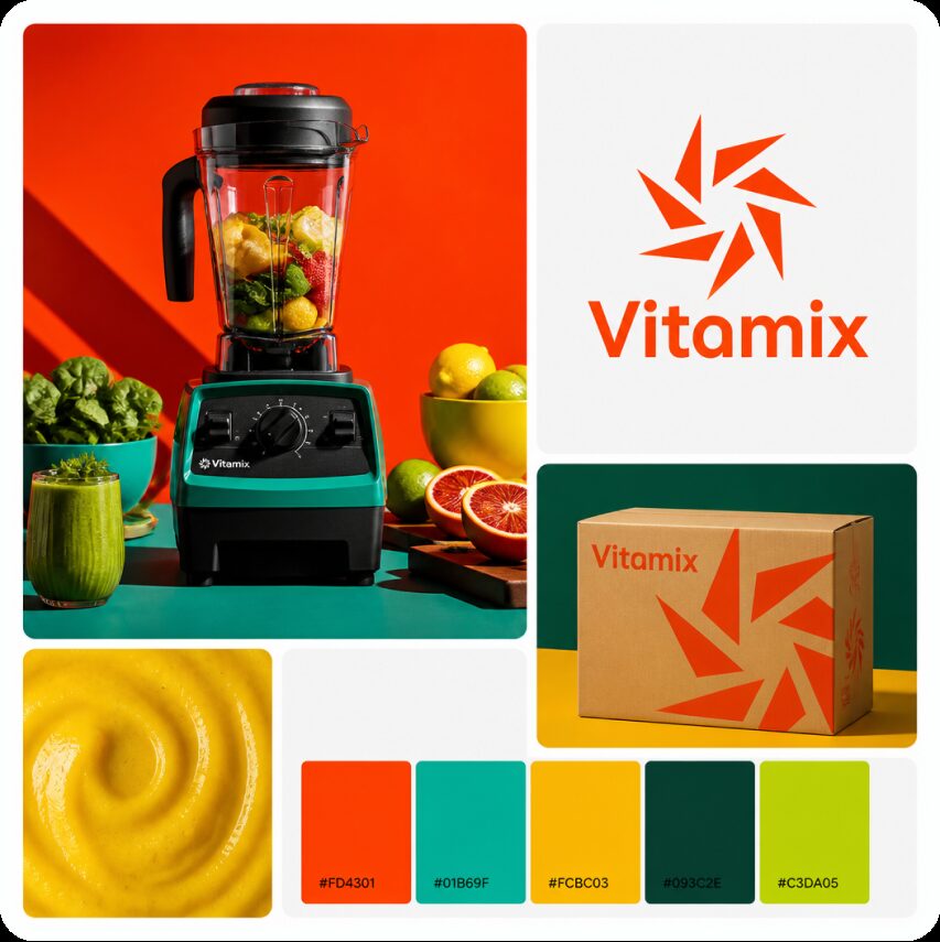 Vitamix brand board — blender logo, palette, and packaging mockups