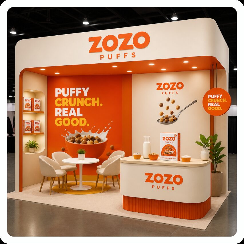 ZOZO Puffs brand board — orange cereal trade-show booth and packaging