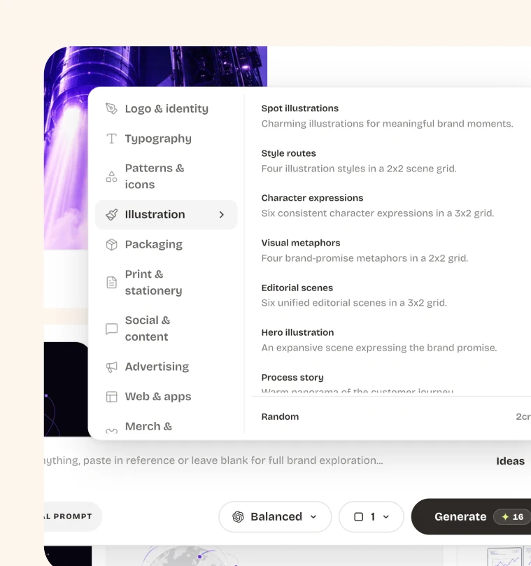 The Ideas menu showing categories and illustration prompts for spot illustrations, characters, and editorial scenes