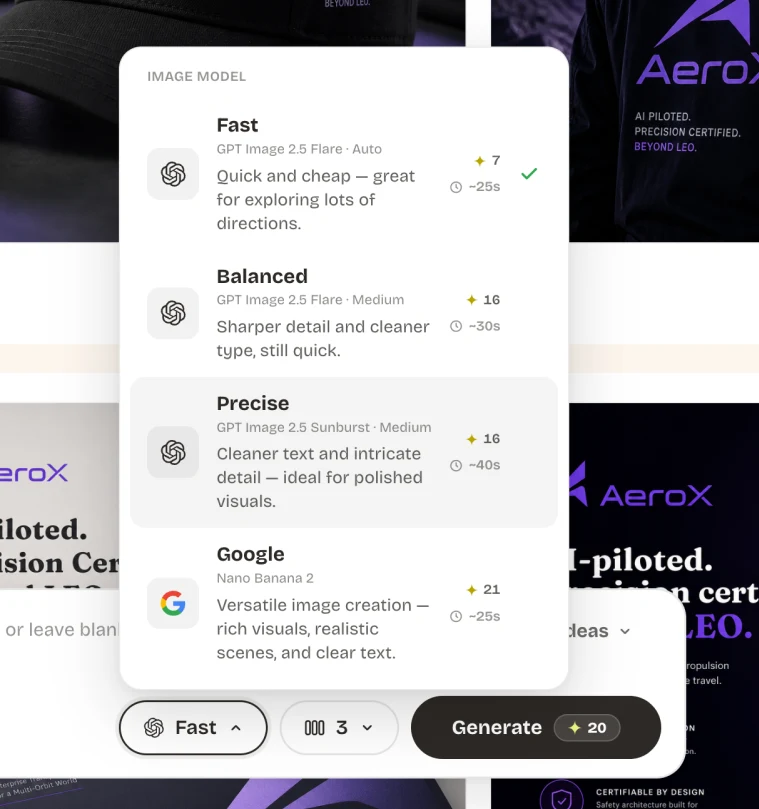 The model picker showing Fast, Balanced, Precise, and Google options