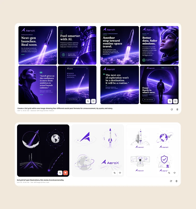 Two Exploration result rows with AeroX social posts and illustrations, with prompt and model details below